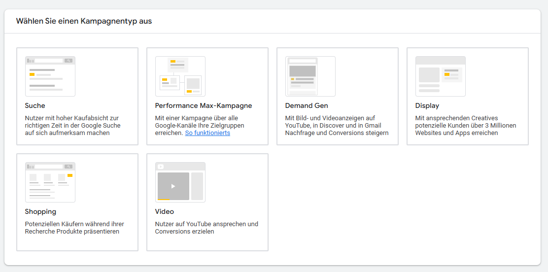 Google Ads KI für B2B - auch hier können die neuen Kampagnen ausgewählt werden